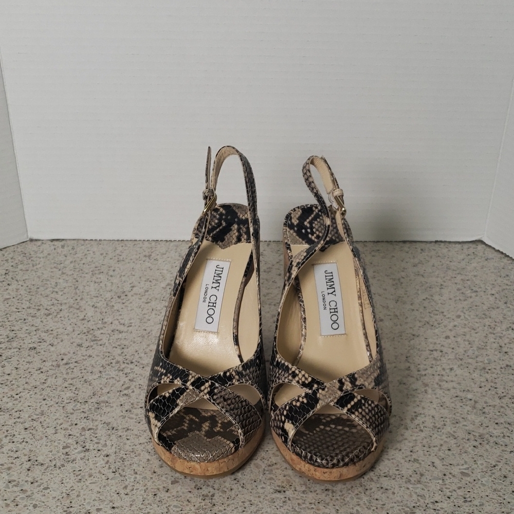 Jimmy Choo Black and Tan Snake Print Slingback Sandals SZ‎ 37.5